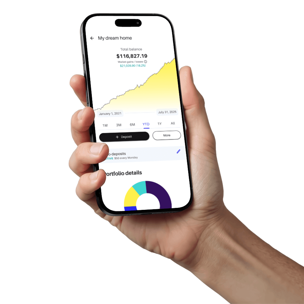a hand holding a phone with Finhabits app open, investing a lot of money